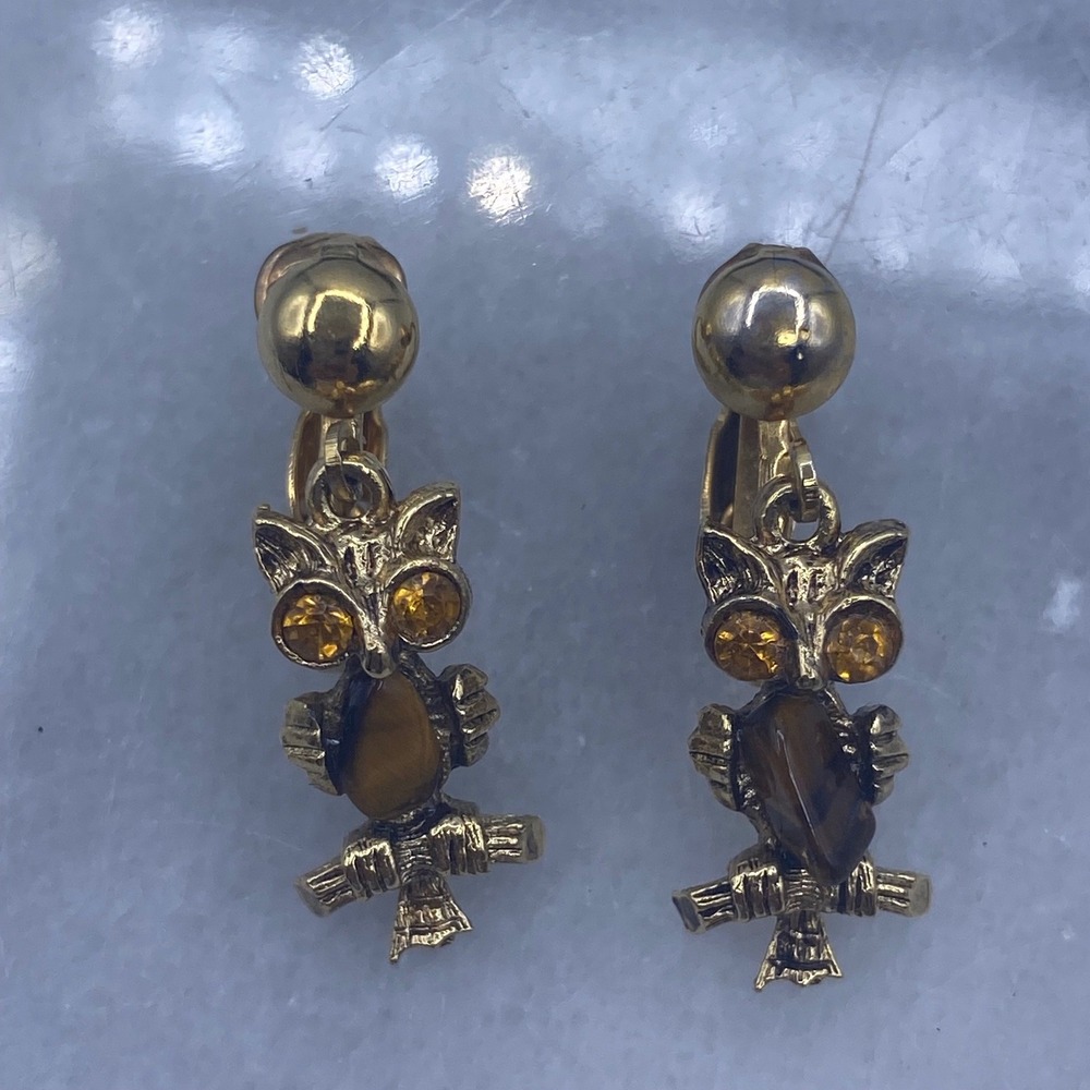Owl Earrings Gold Tigers Eye Bird Forest Fall Earthy Whimsical MCM Wise Clip On